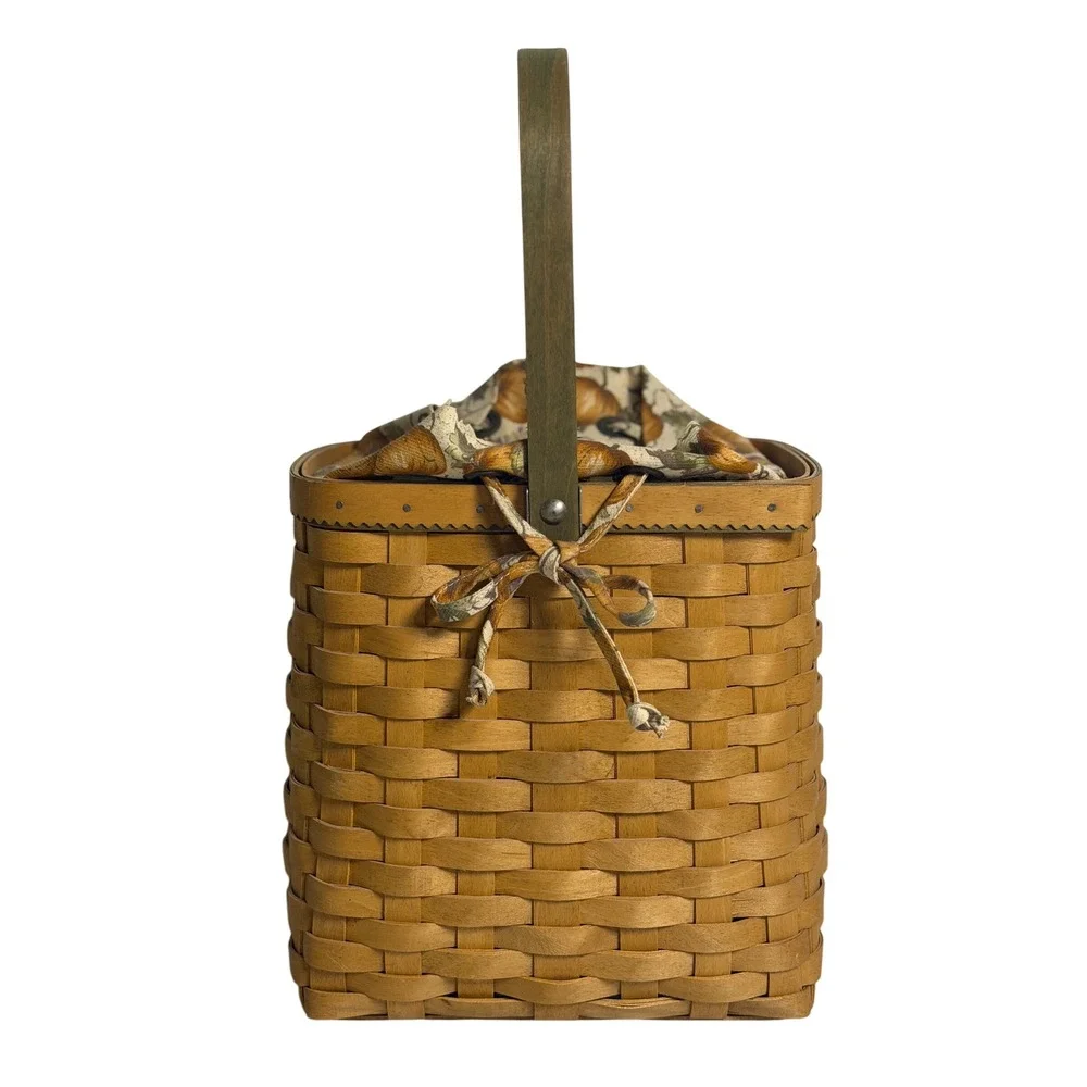 VTG Longaberger Autumn Tote Basket Brown Woven Wood Fabric Liner Handle 2003